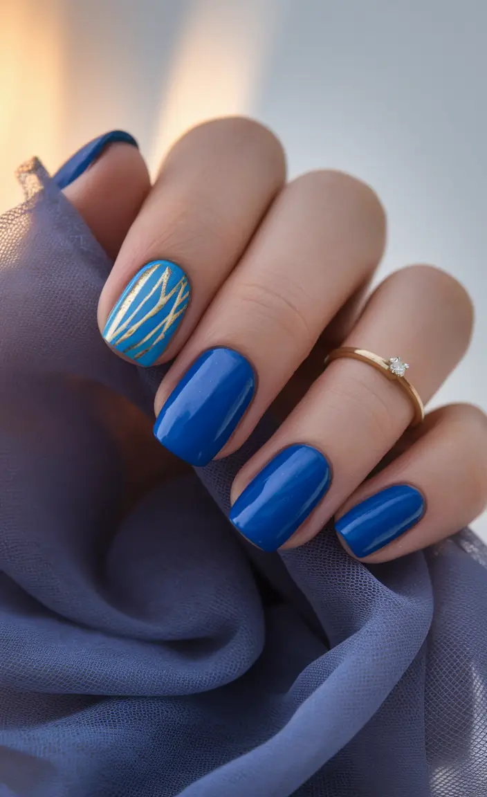 end of summer nails ideas 2025 Royal Blue With Golden Threads