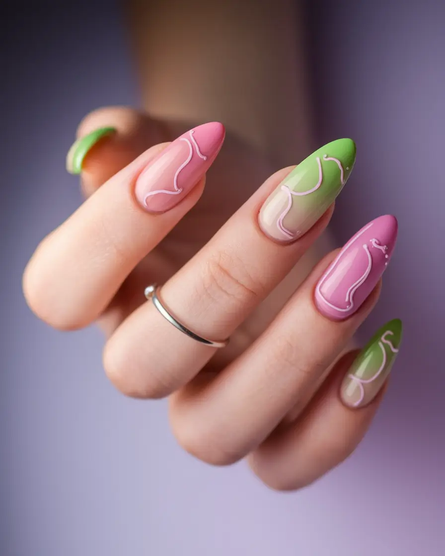 end of summer nails ideas 2025 Swirly Jelly Candy in Pink & Green