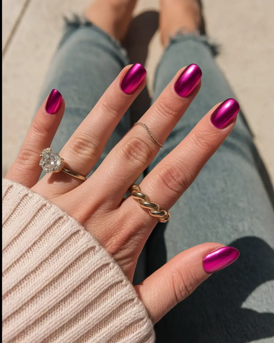 end of summer nails ideas 2025 Magenta Chrome Glow