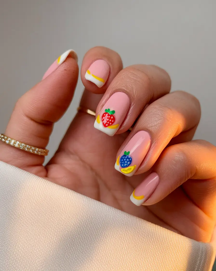 end of summer nails ideas 2025 Fruit French With a Cute Twist