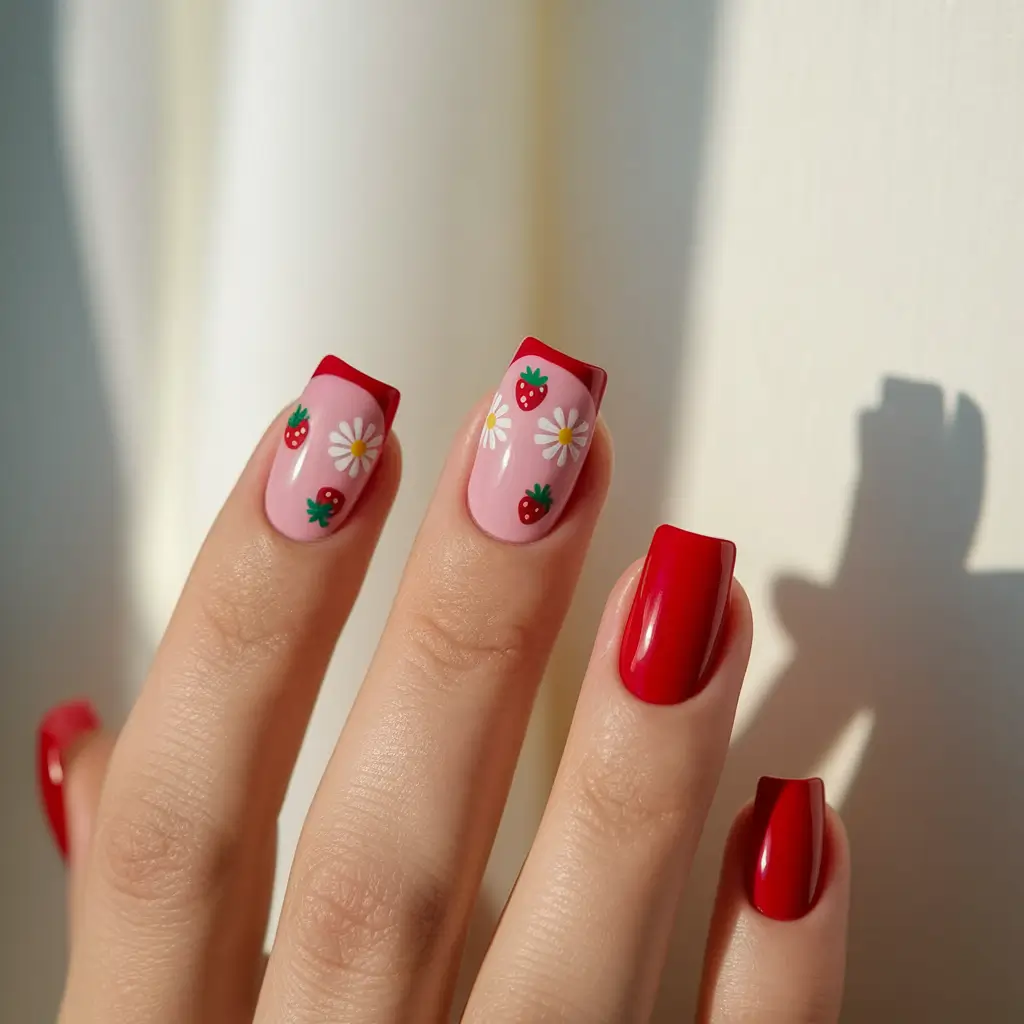 end of summer nails ideas 2025 Berry French with Daisies and Drama