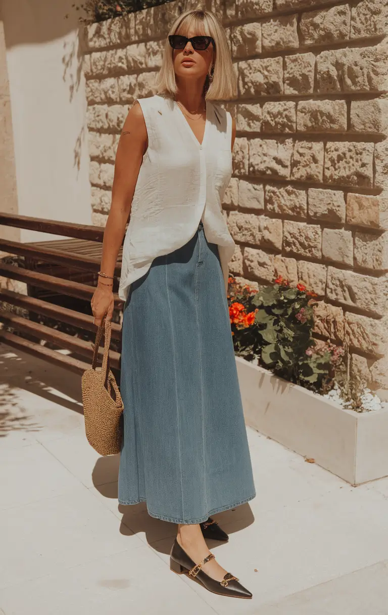 end of summer outfits+Linen Vest + Denim Maxi: Soft Chic for Sunny Workdays