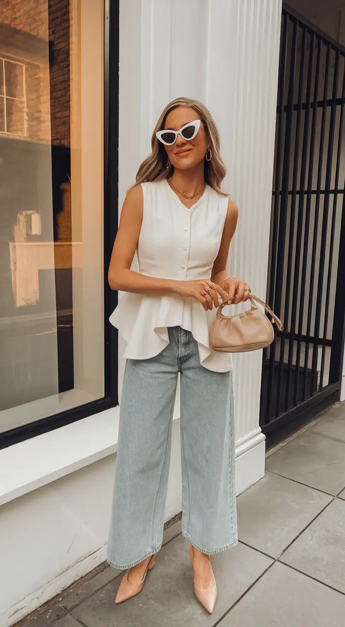 end of summer outfits+Peplum Top + Wide-Leg Jeans: Power Softness