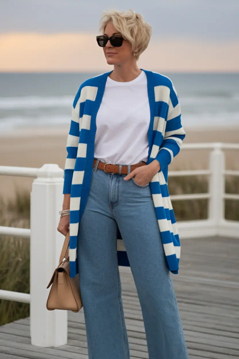end of summer outfits+Bold Stripes, Soft Comfort: Cardigan Season’s Soft Start