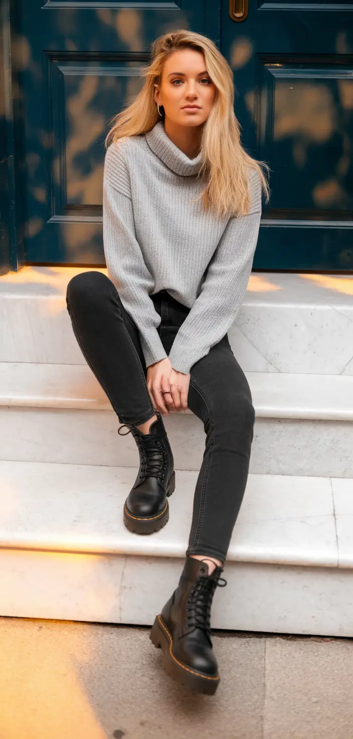 Fall 2025 casual outfits for women over 30 Cozy in Grays and Combat Boots