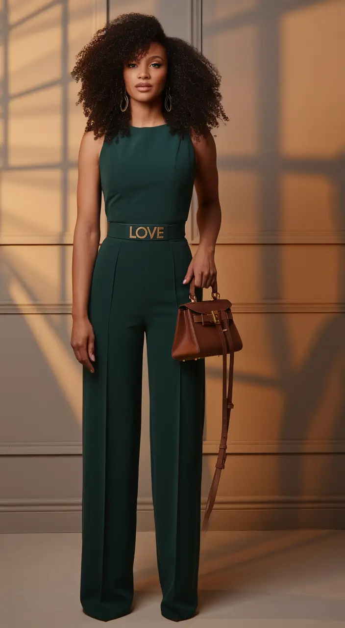 Fall 2025 casual outfits for women over 30 Deep Green Jumpsuit With Statement Belt