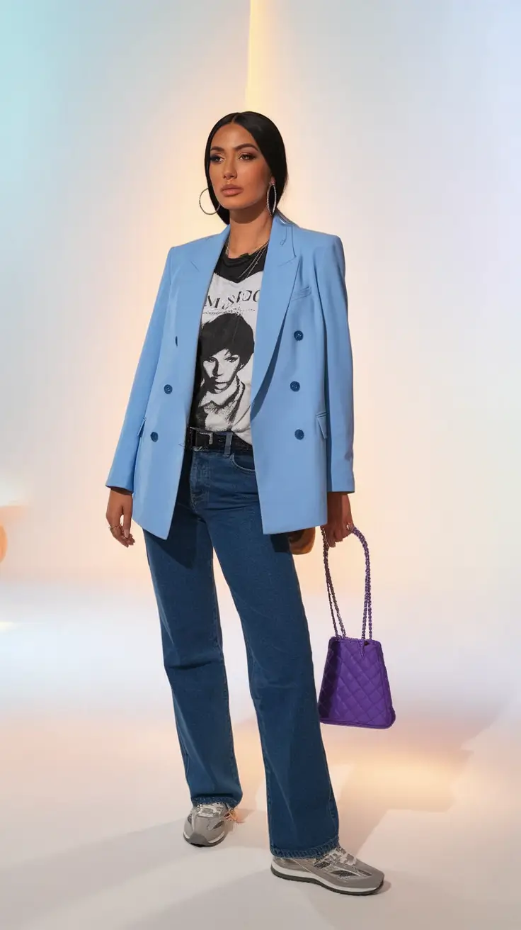 Fall 2025 casual outfits for women over 30 Graphic Tee Meets Tailored Sky Blue