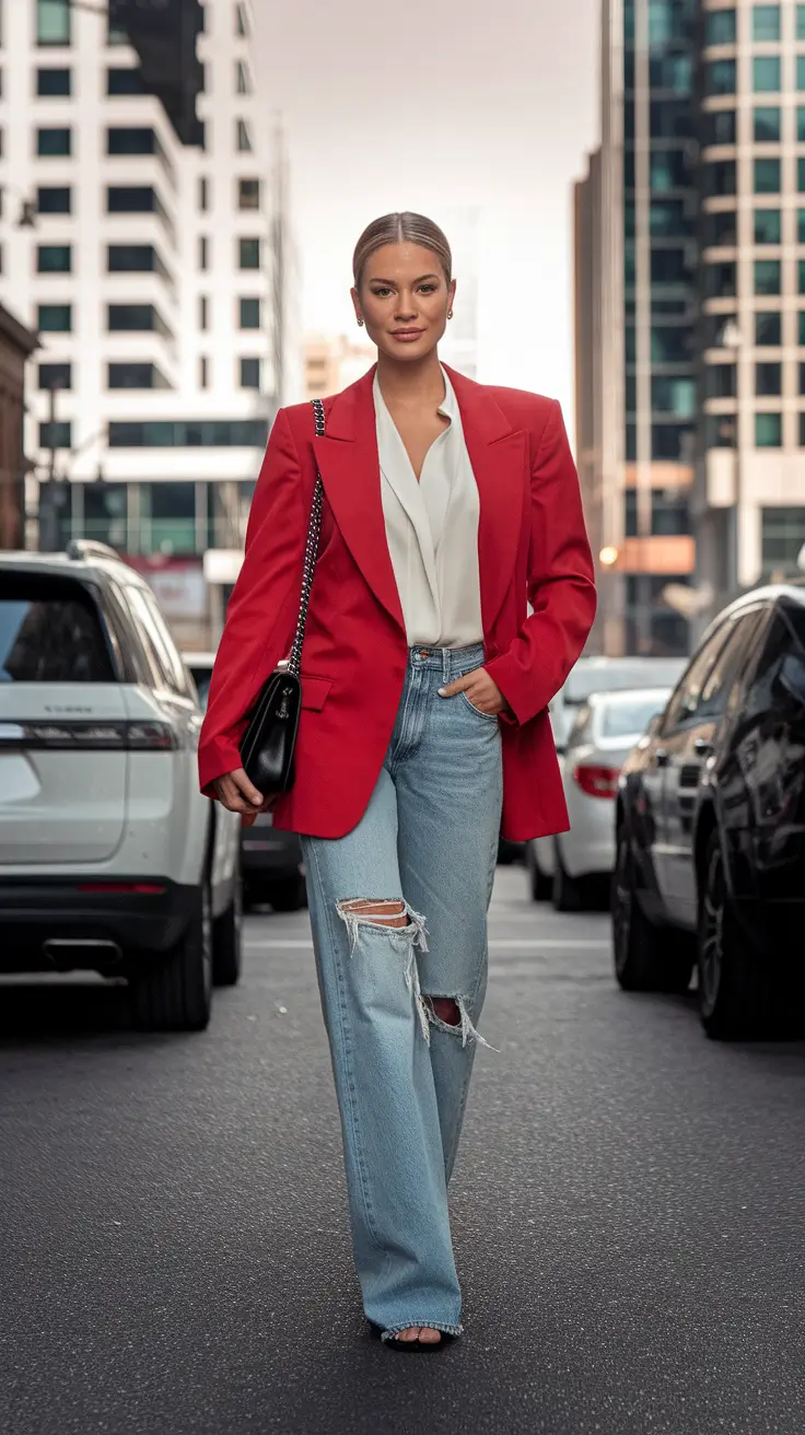 Fall 2025 Fashion Inspiration for Stylish Women Power Shoulders With Denim Ease