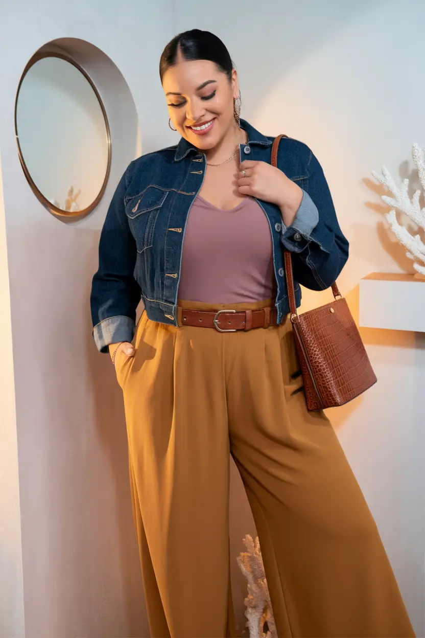 Fall 2025 outfits Ideas for Stylish Women Mustard Wide-Legs and Denim Energy