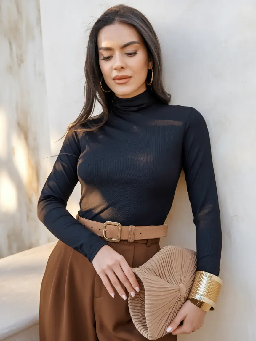 Fall 2025 outfits Ideas for Stylish Women Elegant Contrast in Black and Camel