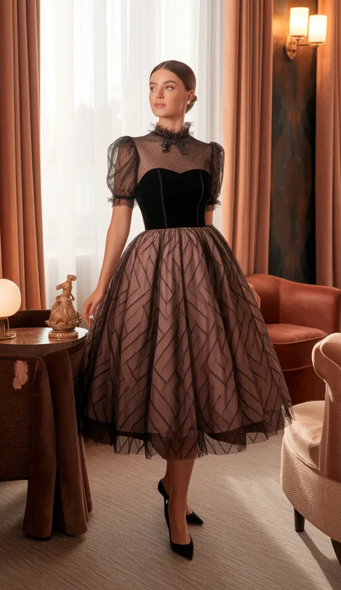 fall birthday outfits ideas 2025 Vintage Fairytale in a Tea-Length Tulle Dress