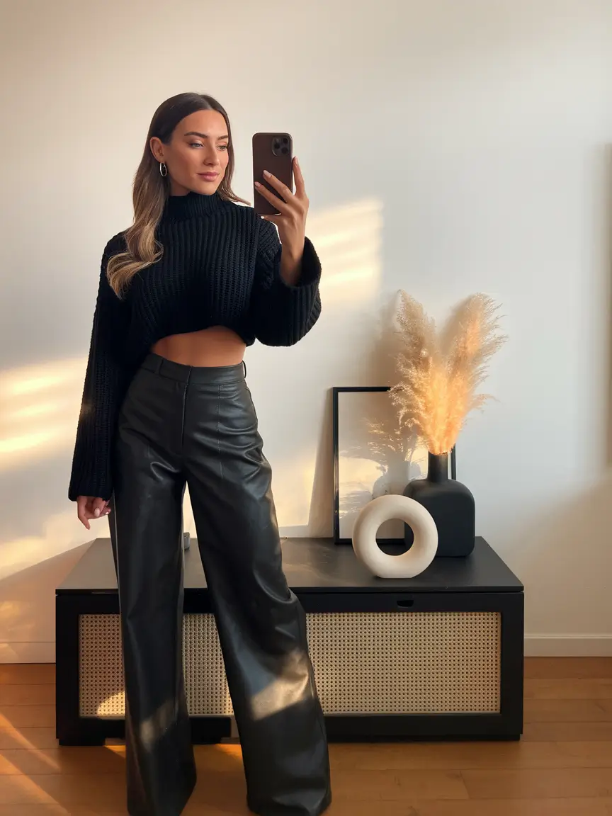 fall birthday outfits ideas 2025 Textured Leather & Cropped Confidence