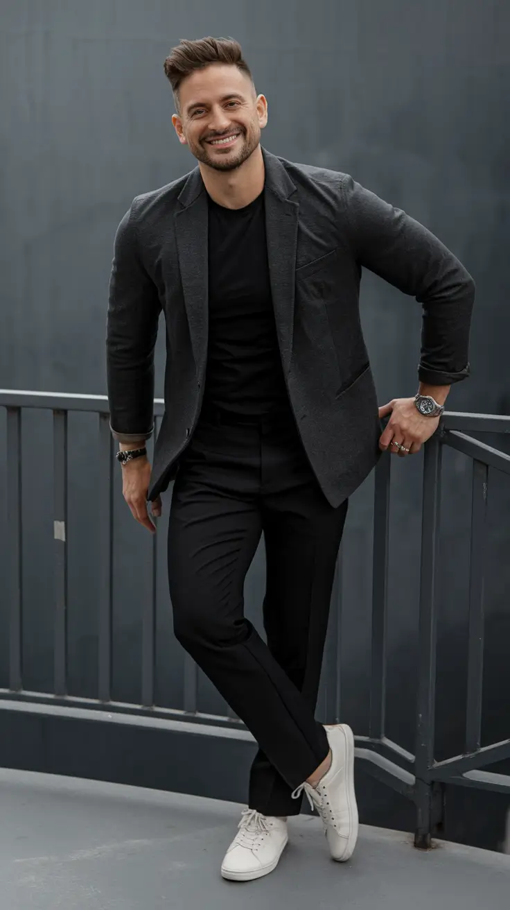 fall business casual outfits for men 2025 Charcoal & Black Monochrome, But Make It Modern