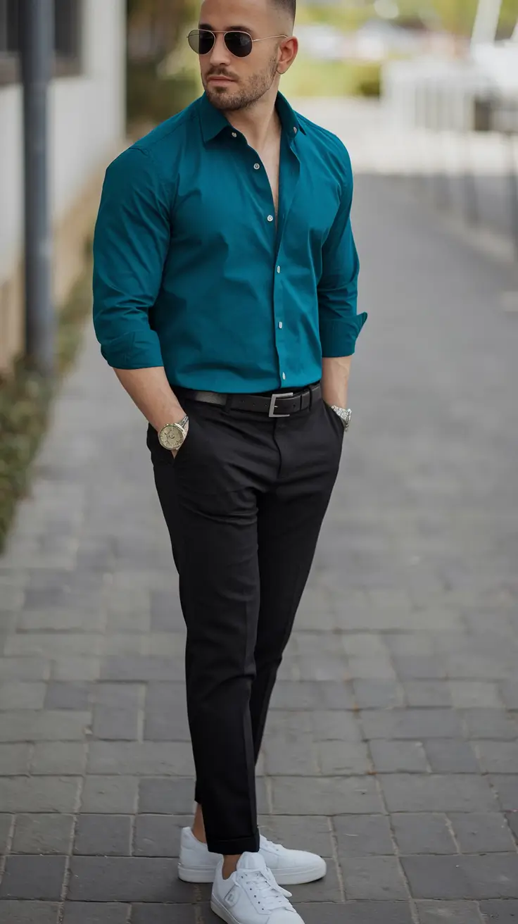 fall business casual outfits for men 2025 Teal Confidence: Fall Color With Bite