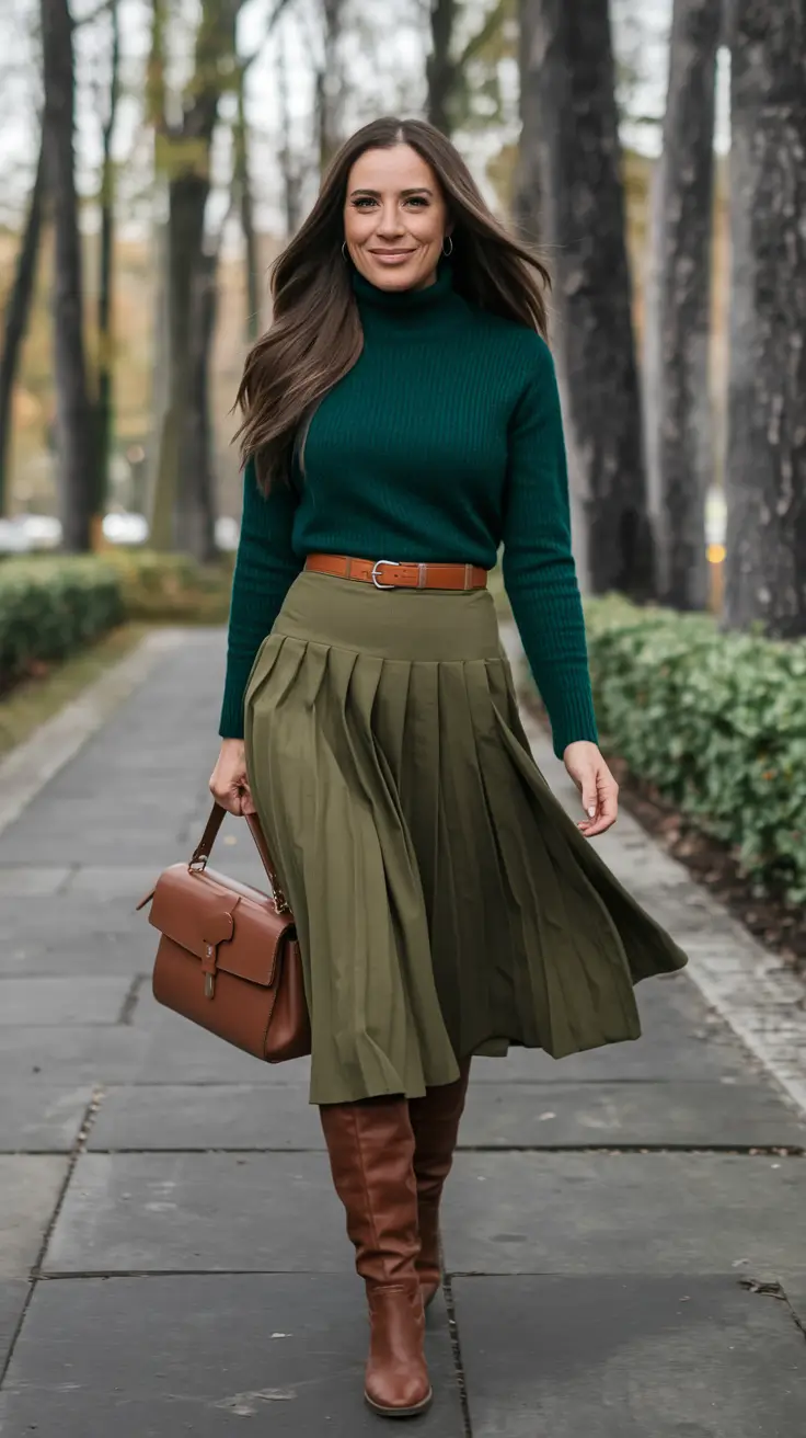 fall business casual outfits ideas 2025 Pine Green and Pleats for the Win