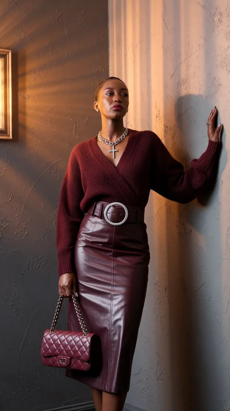 fall business casual outfits ideas 2025 Wine-Toned Drama and Texture