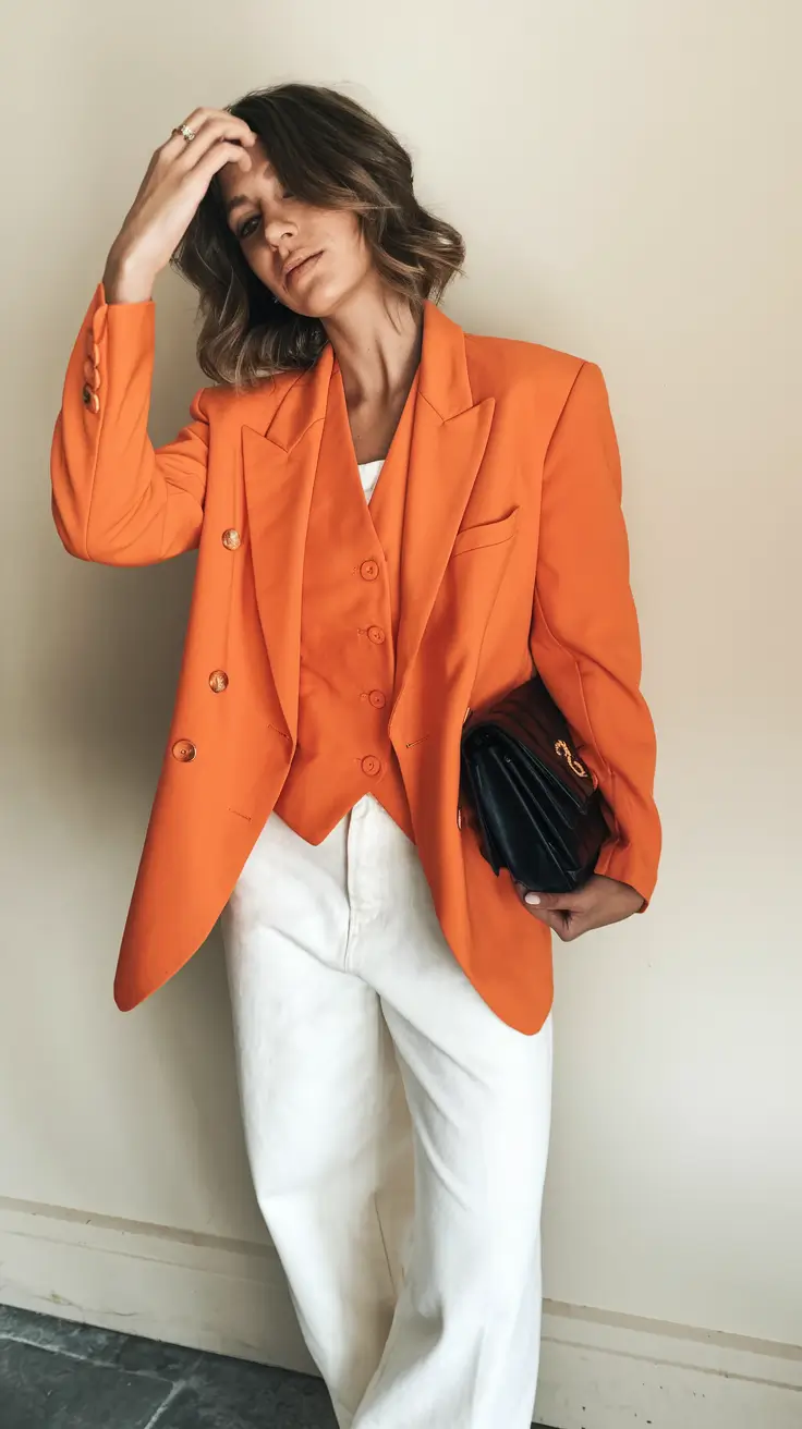 fall business casual outfits ideas 2025 Sunset Tones with High Fashion Punch