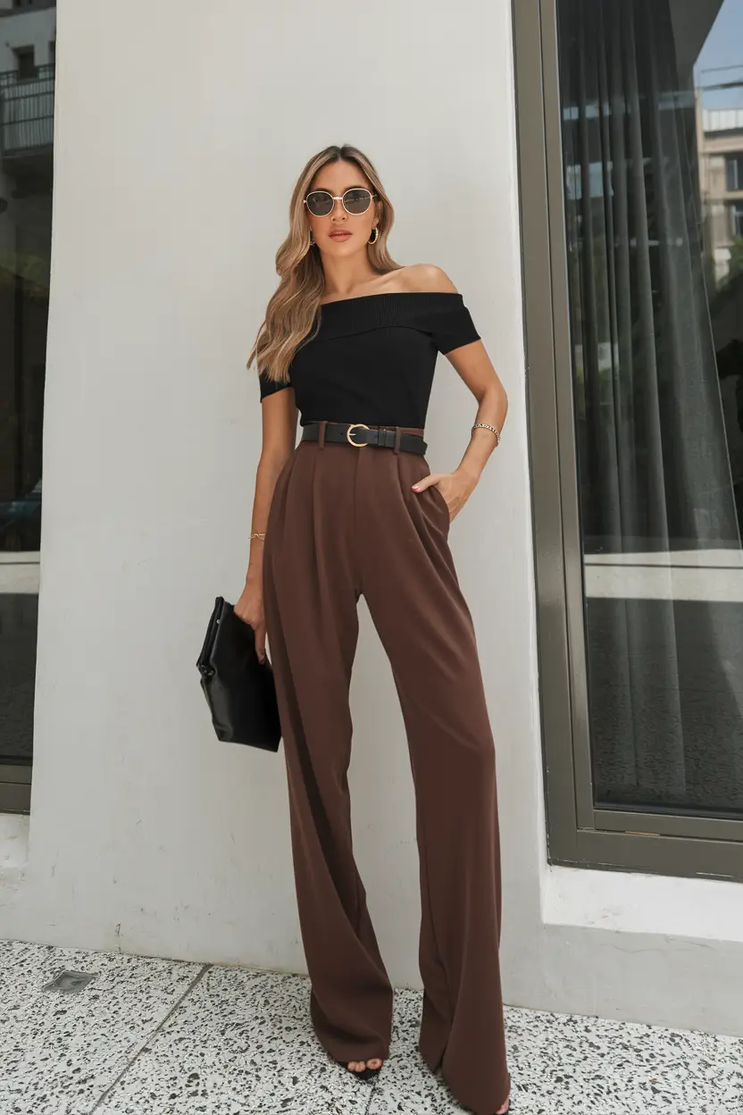 fall business casual outfits ideas 2025 Off-Shoulder Sophistication in Chocolate