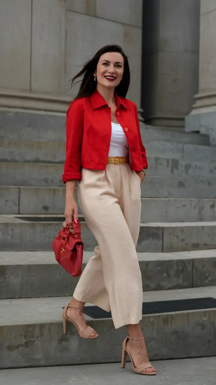 fall business casual outfits ideas 2025 Red Confidence and Cropped Ease