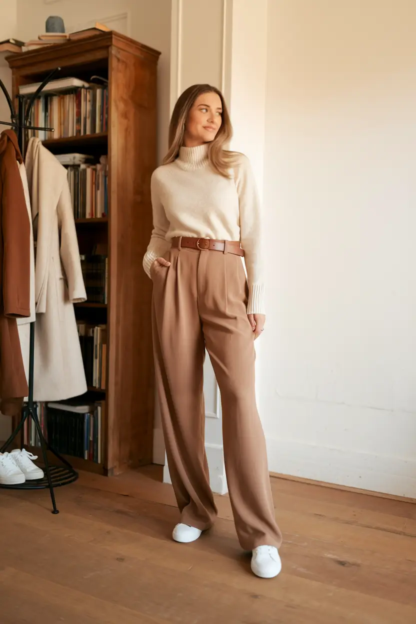 fall business casual outfits ideas 2025 Cream Knit and Caramel Trousers Reimagined