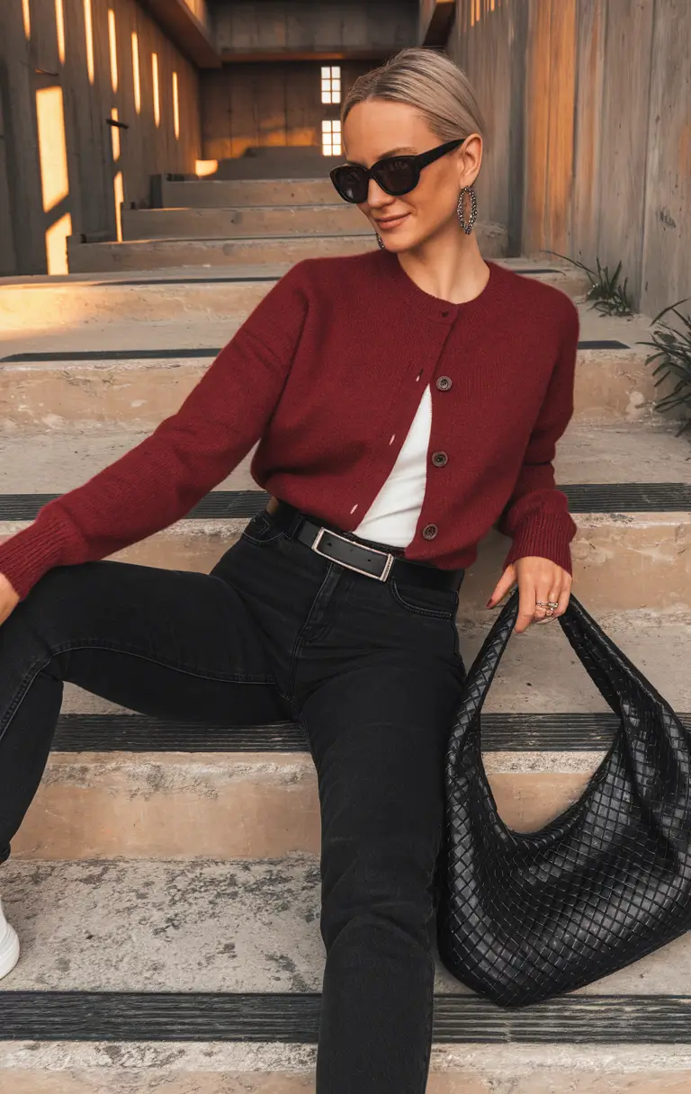 fall capsule wardrobe Crimson Cardigan Cool: Casual with a Touch of Retro Romance