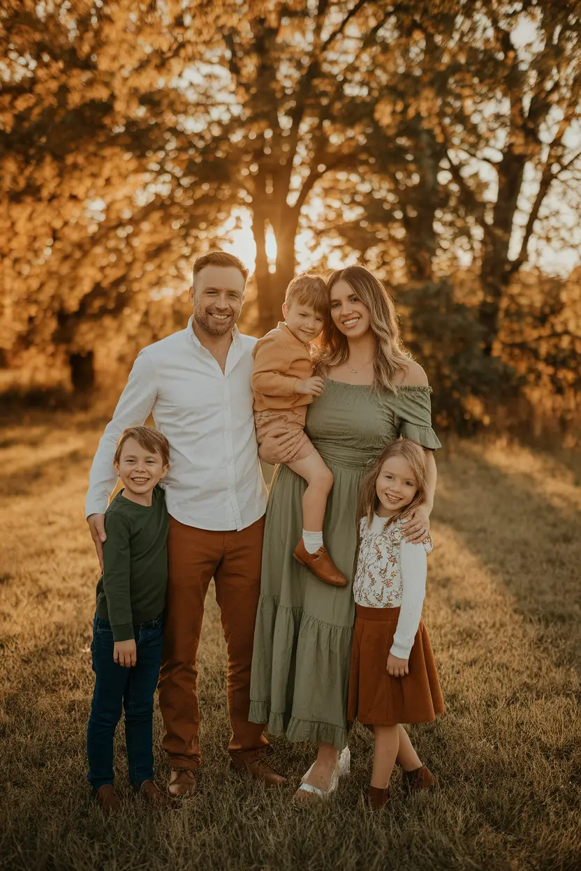 fall family pictures outfits ideas 2025 Earthy Neutrals and Olive Green for a Golden Hour Glow