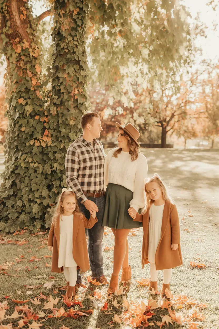 fall family pictures outfits ideas 2025 Classic Green and Tan Layers with Retro Charm