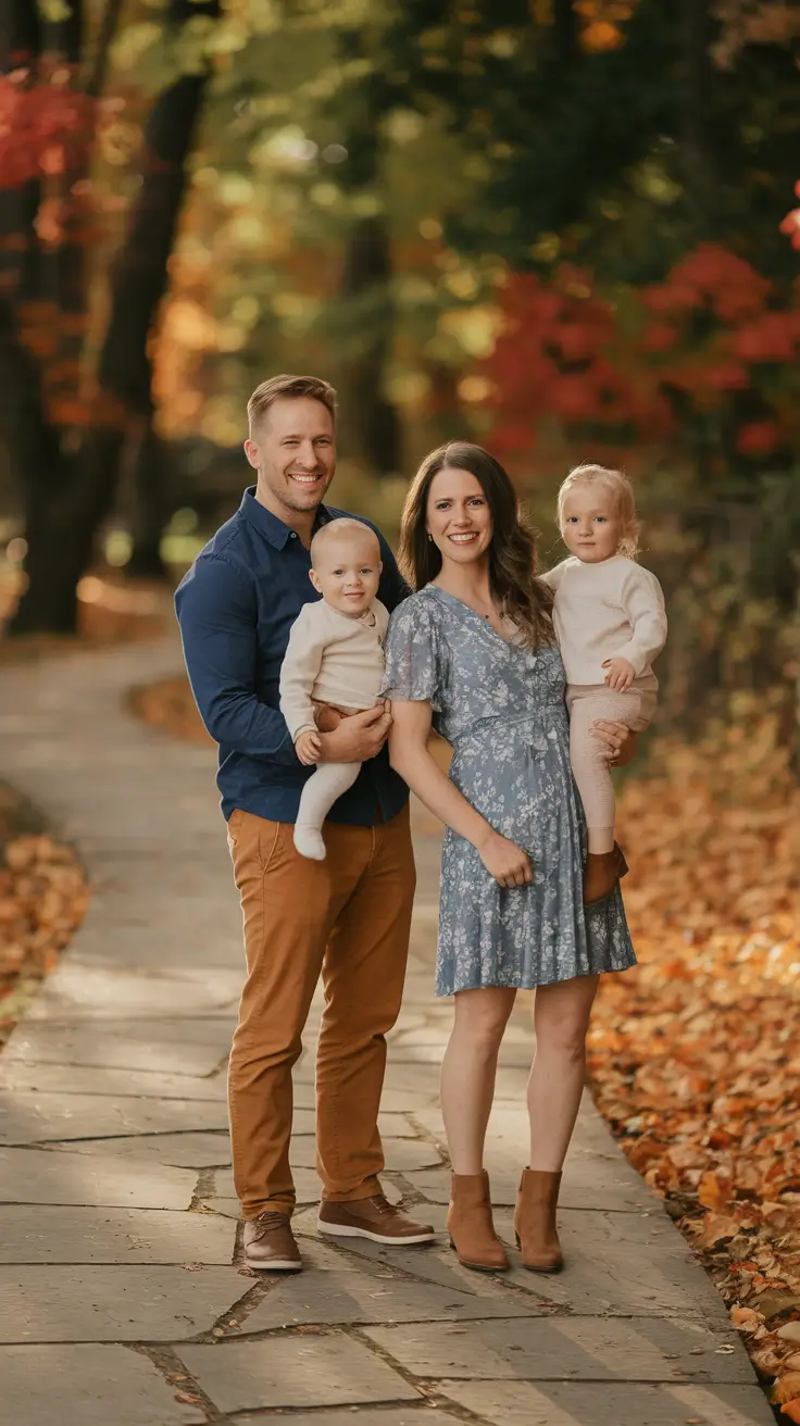 fall family pictures outfits ideas 2025 Floral Blues and Burnt Rust for Family-Friendly Style
