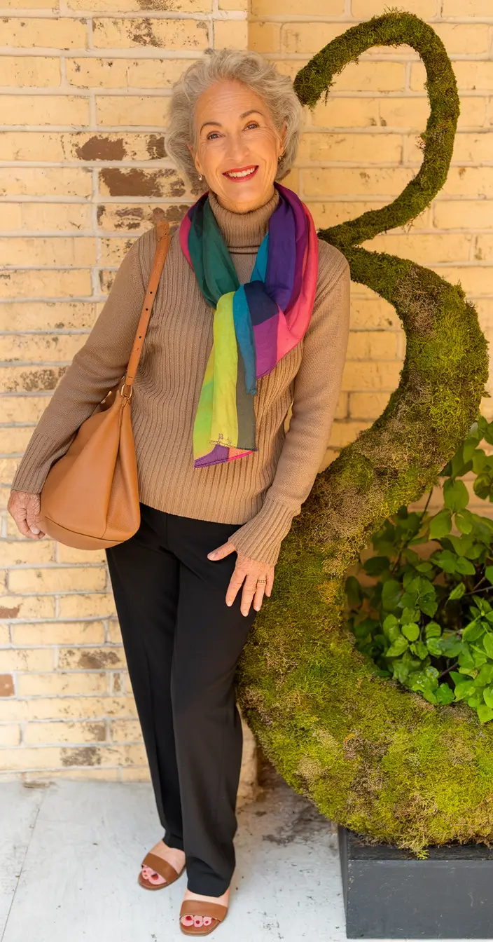 Fall fashion outfits ideas 2025 for women 60+ Rainbow-Scarf Neutral Ground