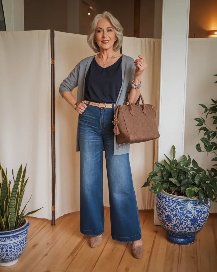 Fall fashion outfits ideas 2025 for women 60+ Slate Layers & Wide-Leg Denim