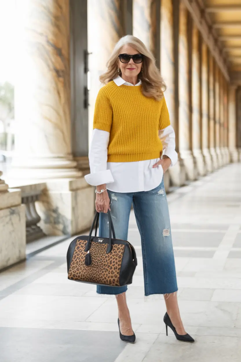Fall fashion outfits ideas 2025 for women 60+ Mustard Knit & Leopard Accent