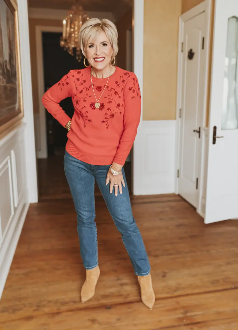 Fall fashion outfits ideas 2025 for women 60+ Coral Embroidery & Suede Steps