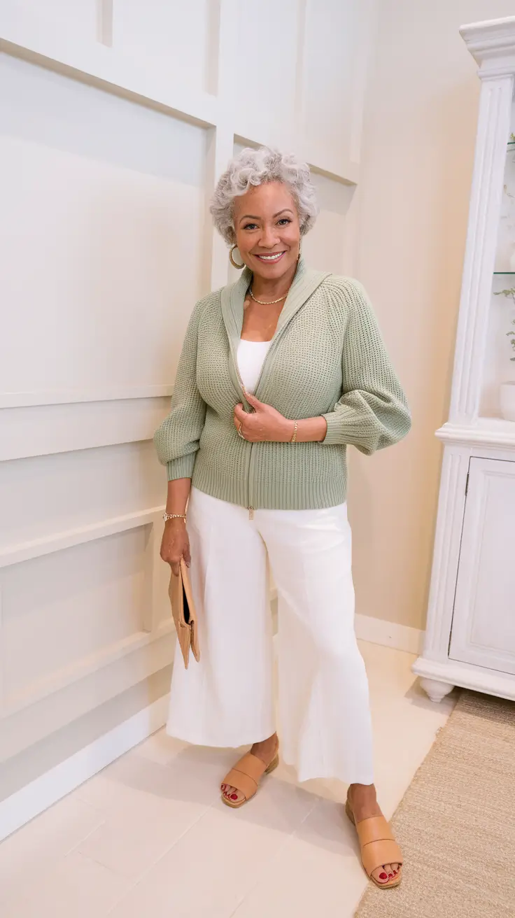 Fall fashion outfits ideas 2025 for women 60+ Sage Zip-Up & Winter White Crop