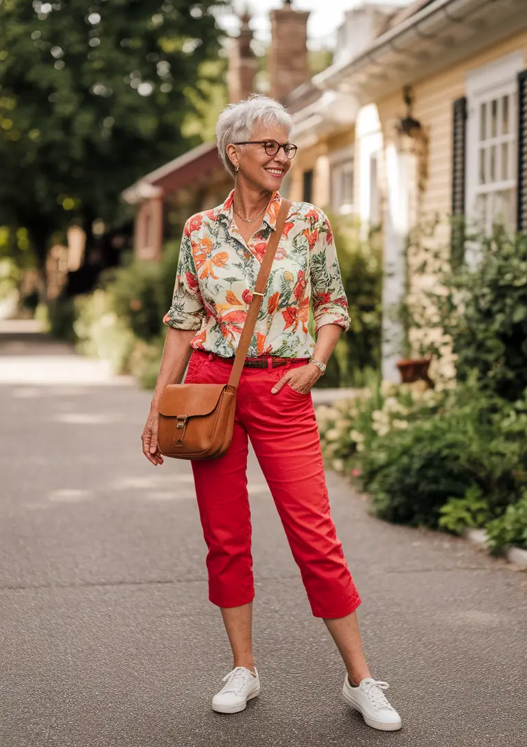 Fall fashion outfits ideas 2025 for women 60+ Tropical Bloom & Scarlet Capri Swagger
