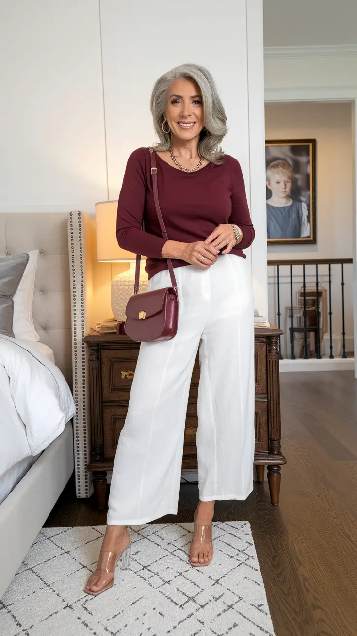 Fall fashion outfits ideas 2025 for women 60+ Wine-Toned Minimalism