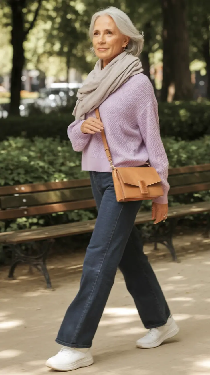 Fall fashion outfits ideas 2025 for women 60+ Lavender Stroll & Denim Ease