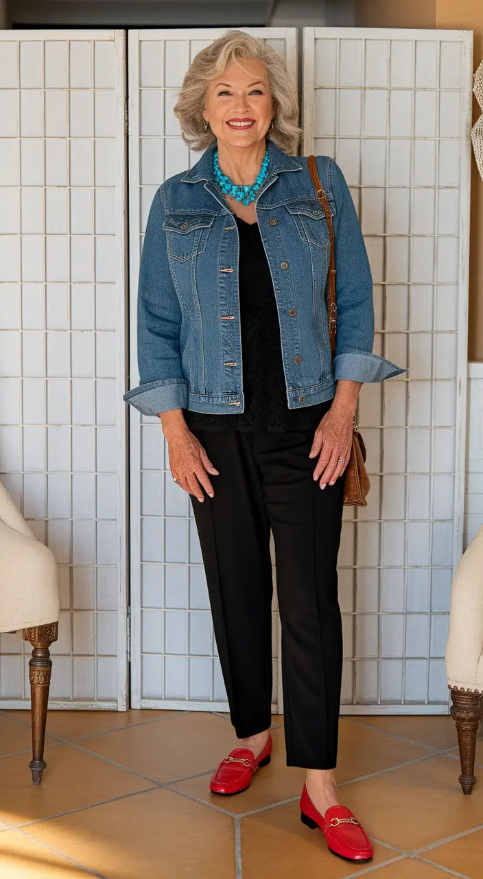 Fall fashion outfits ideas 2025 for women 60+ Denim & Turquoise Pop