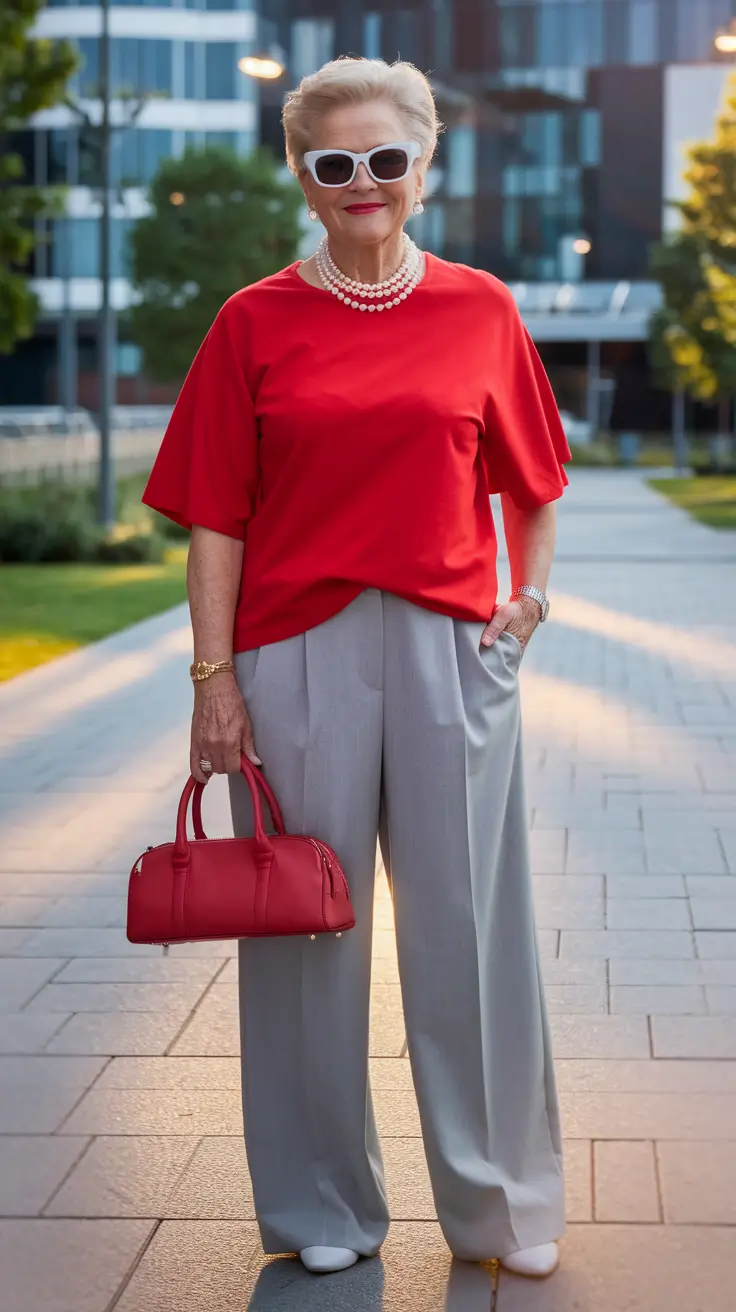 Fall fashion outfits ideas 2025 for women 60+ Power Red & Pearl