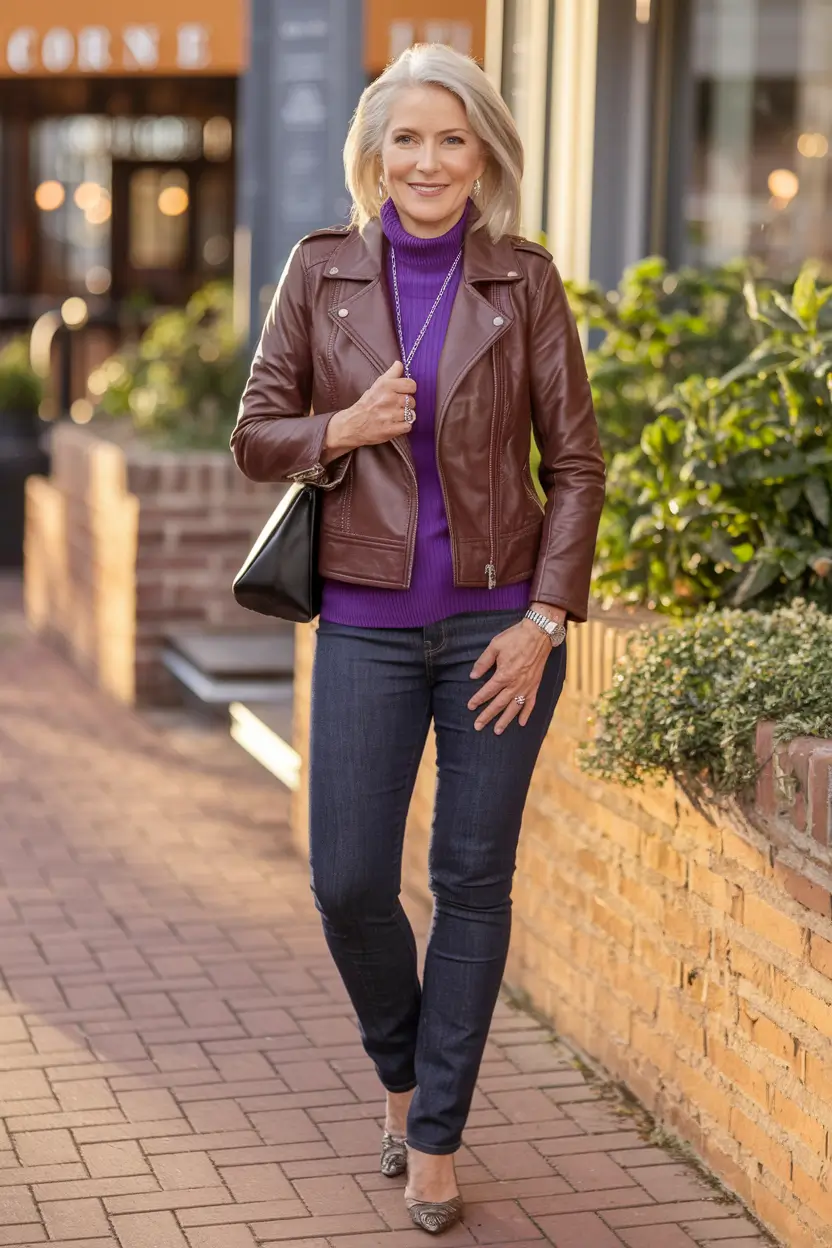 fall outfits women over 50 classy casual - Leather & Jewel-Tone Confidence