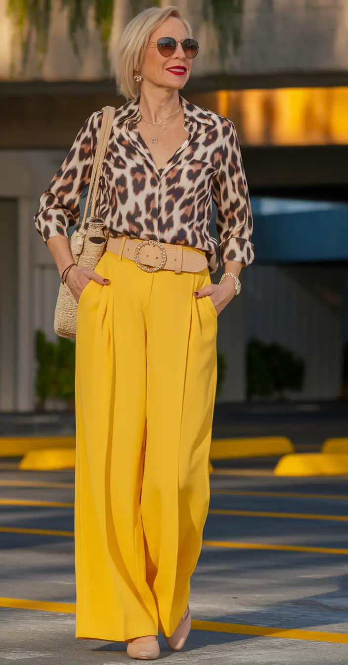 fall outfits women over 50 classy chic - Sunlit Statement: Bold Yellow & Leopard Chic