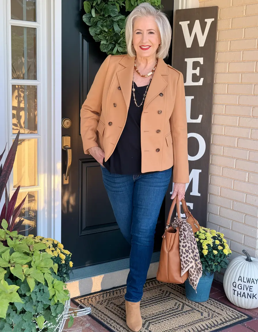 fall outfits women over 50 classy casual - Caramel Layers and Denim Ease