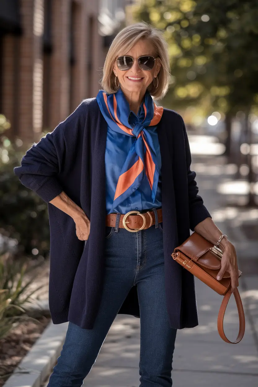 fall outfits women over 50 classy business casual - Sapphire Silk & Soft Knit Sophistication