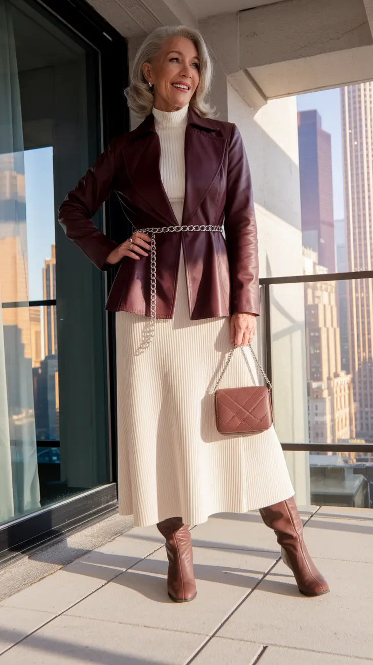 fall outfits women over 50 classy dressy - Cream Knit & Leather Drama