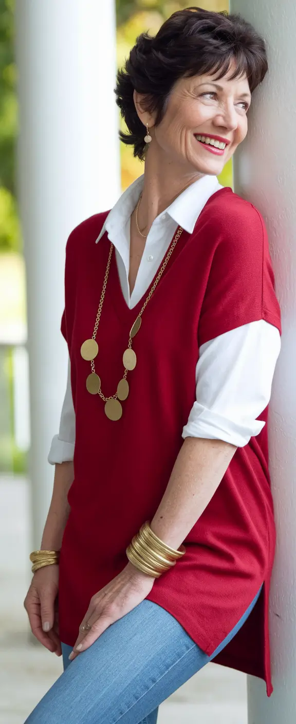 fall outfits women over 50 classy casual - Cranberry Tunic & Golden Accents
