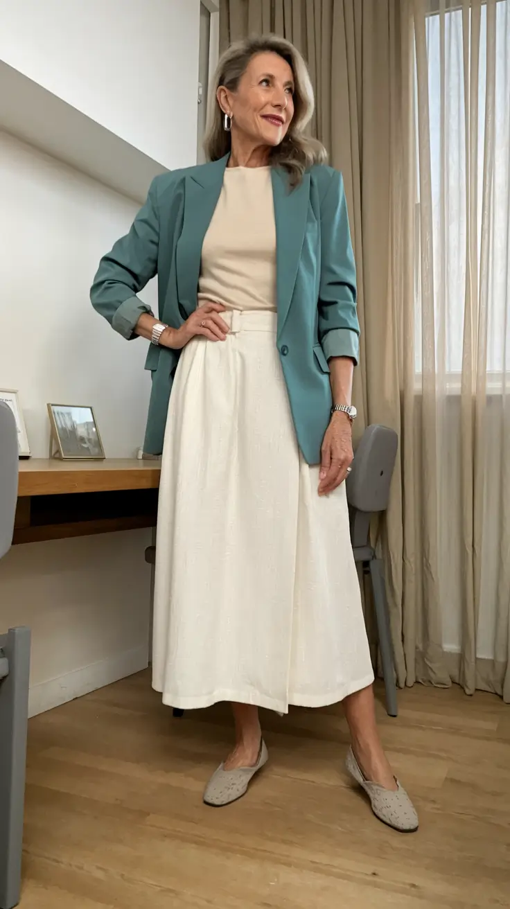 fall outfits women over 50 classy chic - Soft Neutrals With Teal Authority