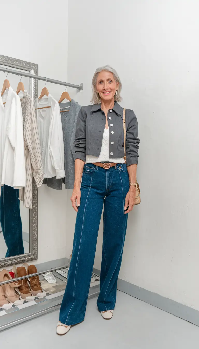 fall outfits women over 50 casual - Cropped Jacket & Wide-Leg Flair