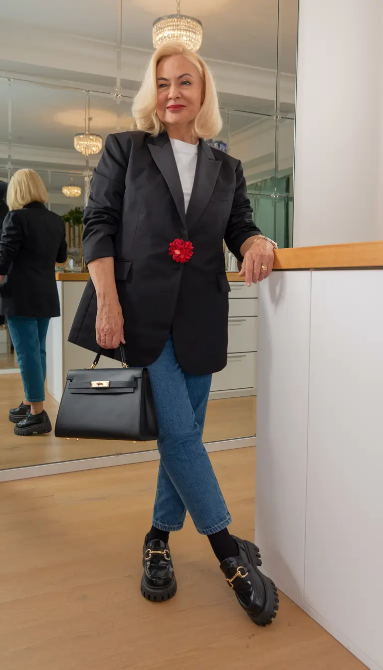 fall outfits women over 50 classy casual chic - Bold Blazer Meets Casual Rebellion