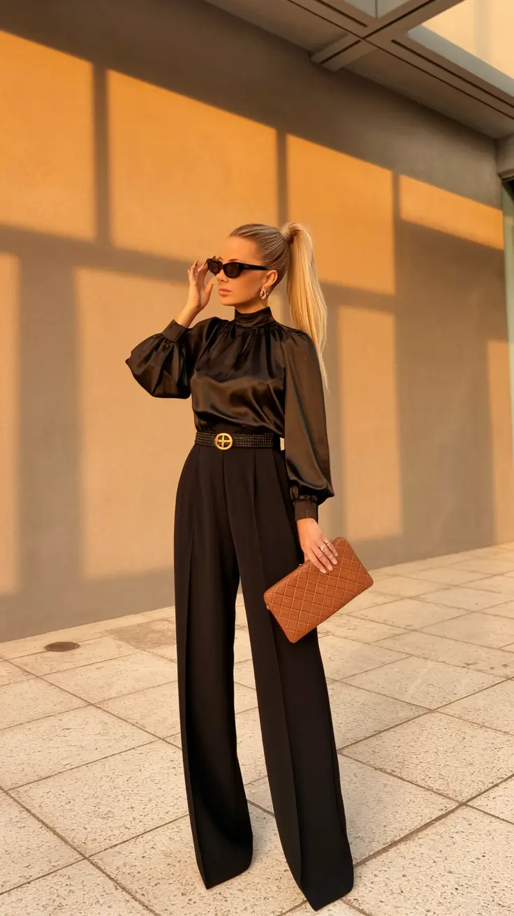 fall outfits ideas 2025 Sunset-Ready Satin Noir