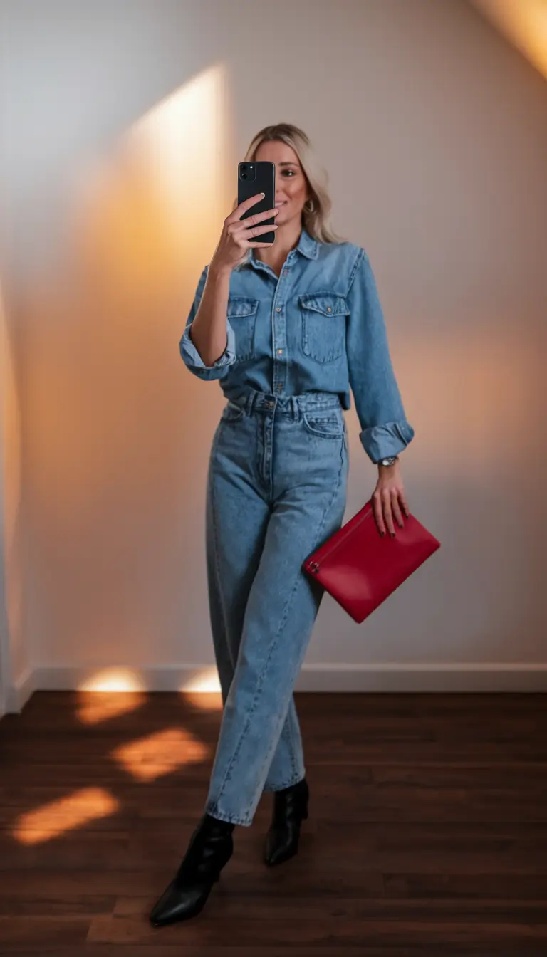 fall outfits ideas 2025 Denim-on-Denim, Red Pop