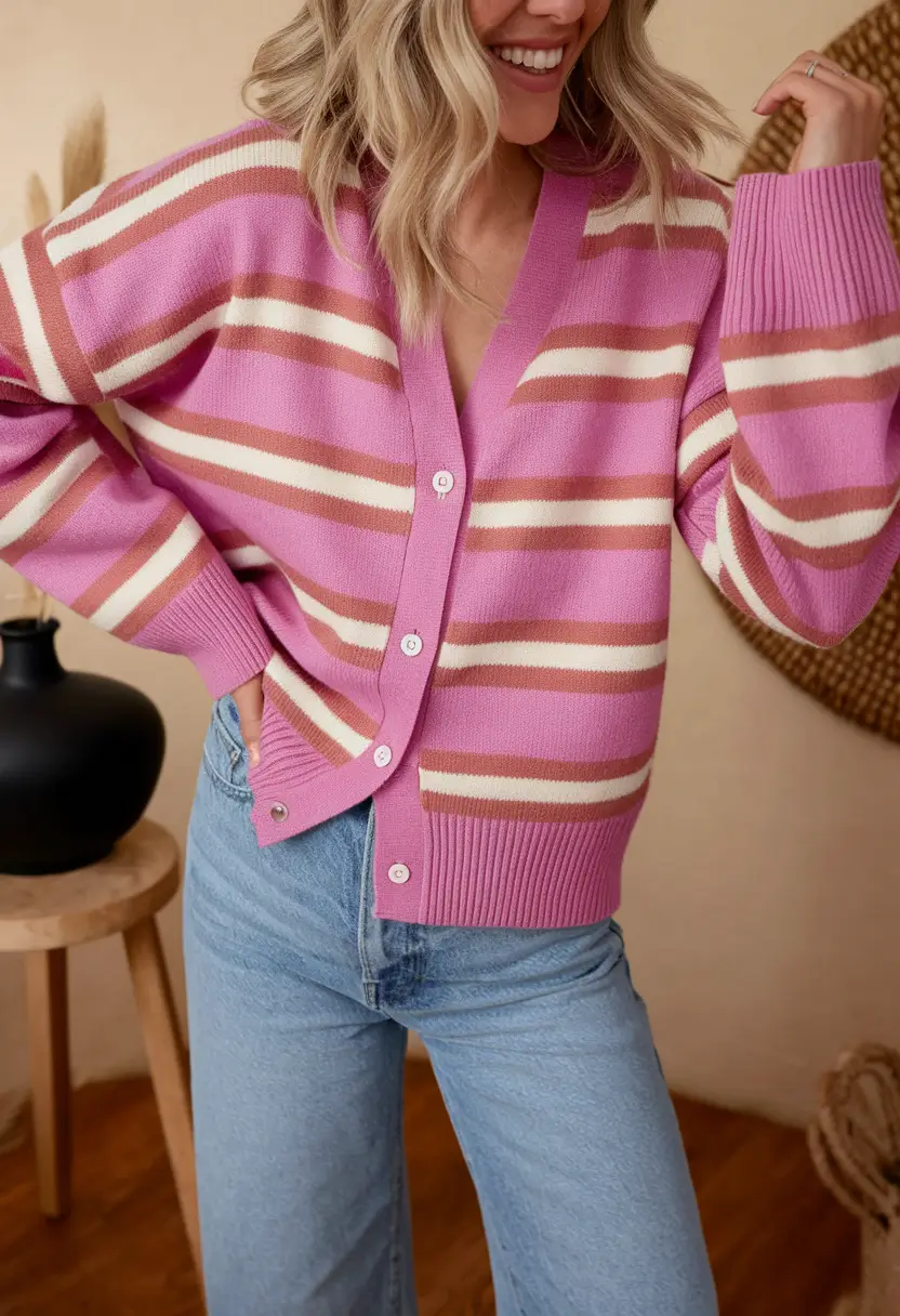 fall outfits ideas 2025 Bubble-Gum Stripe & Light Wash